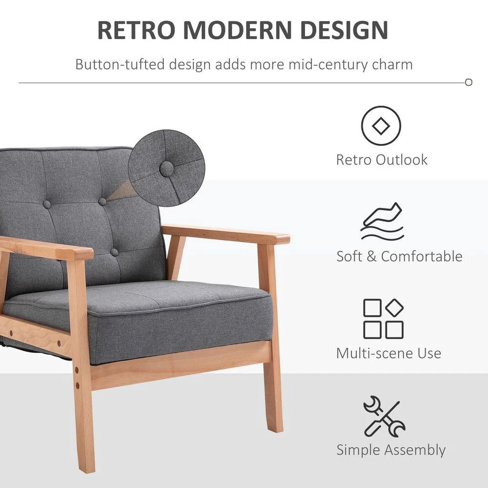 Retro Single Sofa Armchair Beech Wood Frame Padded Cushion Linen Fabric Grey by HOMCOM