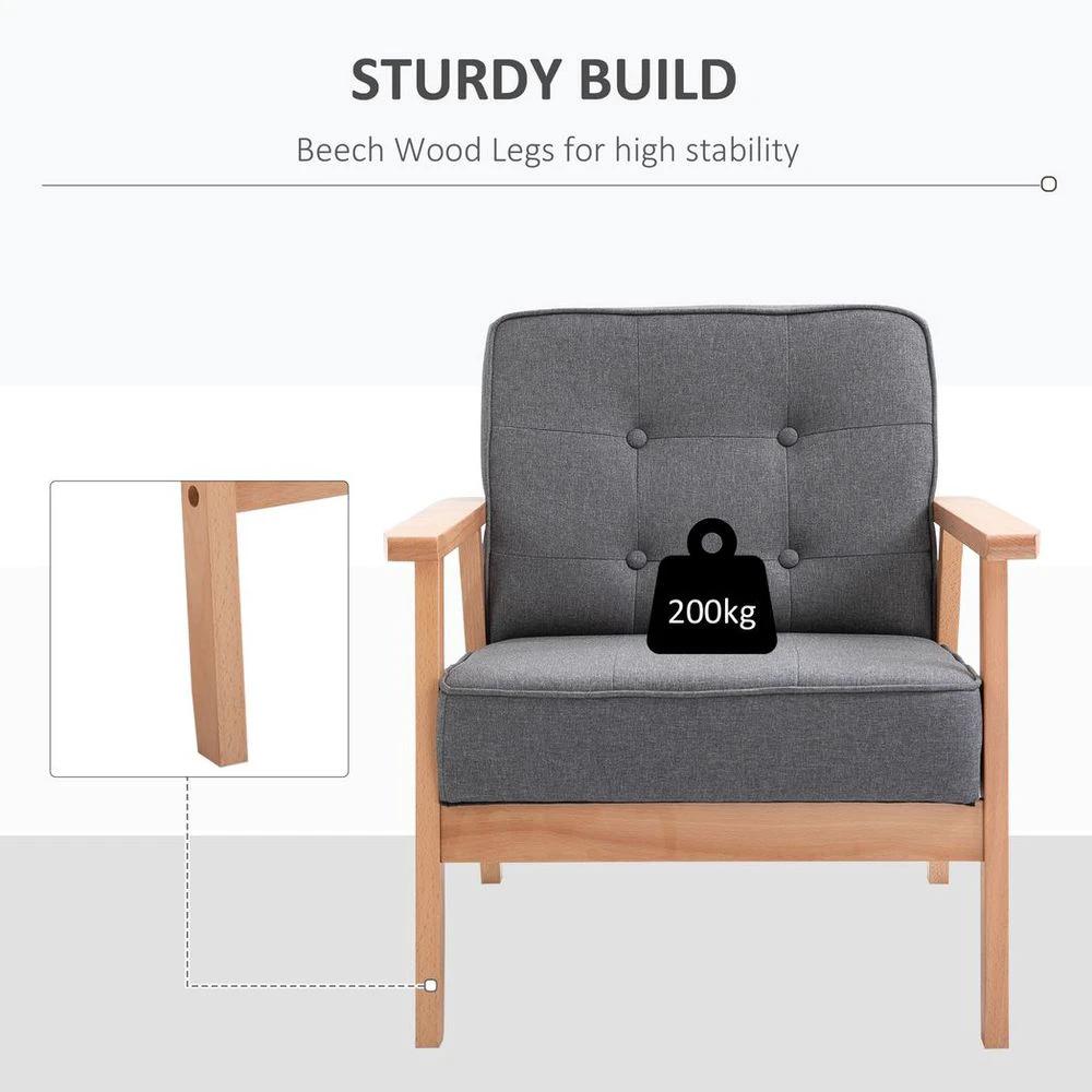Retro Single Sofa Armchair Beech Wood Frame Padded Cushion Linen Fabric Grey by HOMCOM