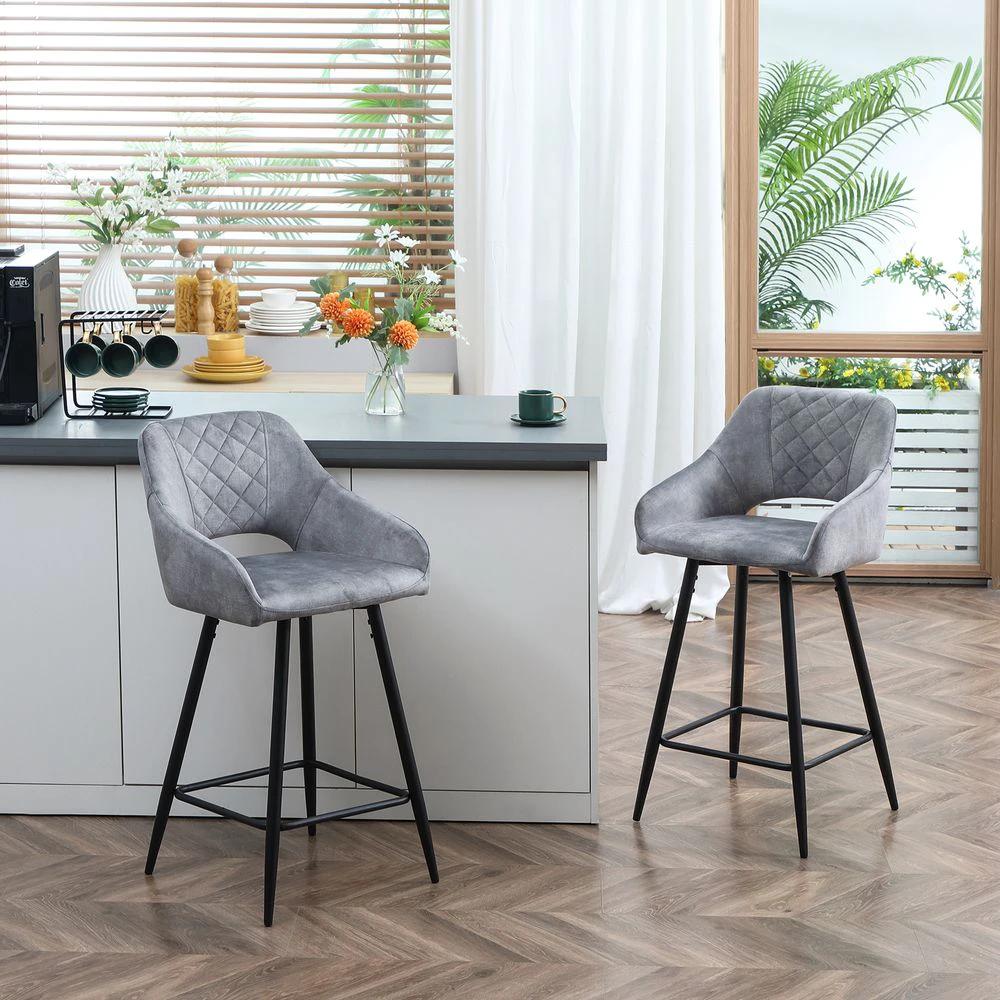 Bar Stools Set of 2, Velvet-Touch Fabric Counter Height Bar Chairs Grey by HOMCOM
