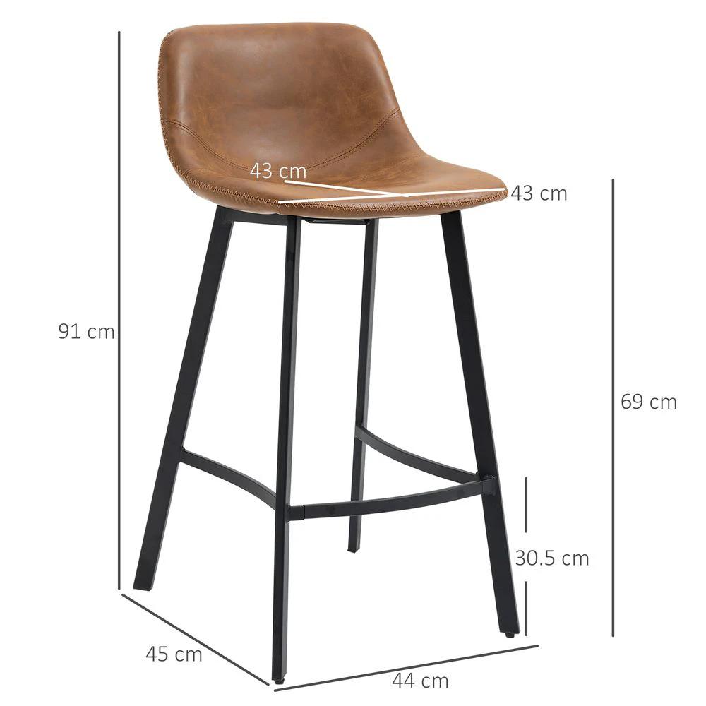 Industrial Bar Stools Set of 2, Bar Chairs with Steel Legs, Brown by HOMCOM