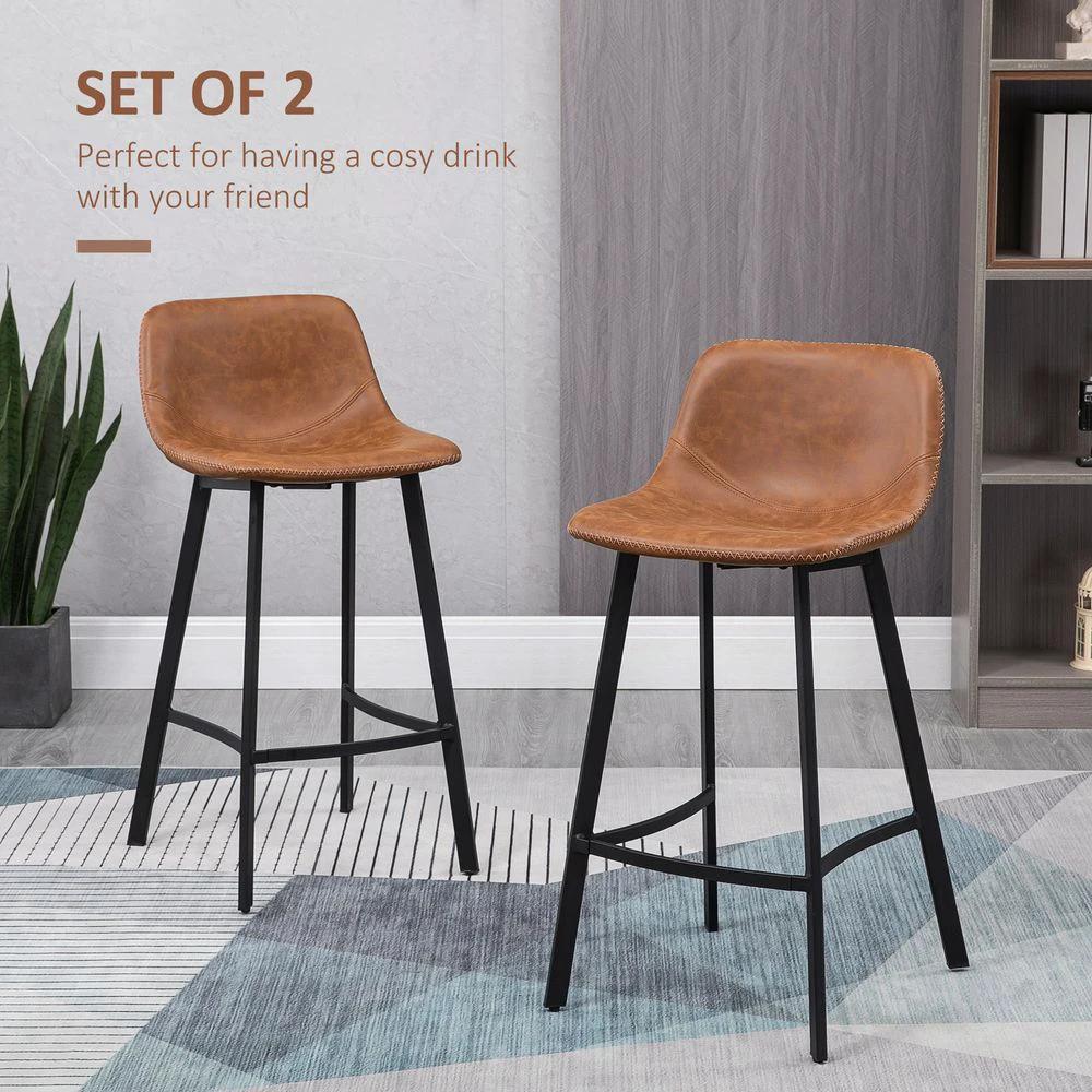 Industrial Bar Stools Set of 2, Bar Chairs with Steel Legs, Brown by HOMCOM