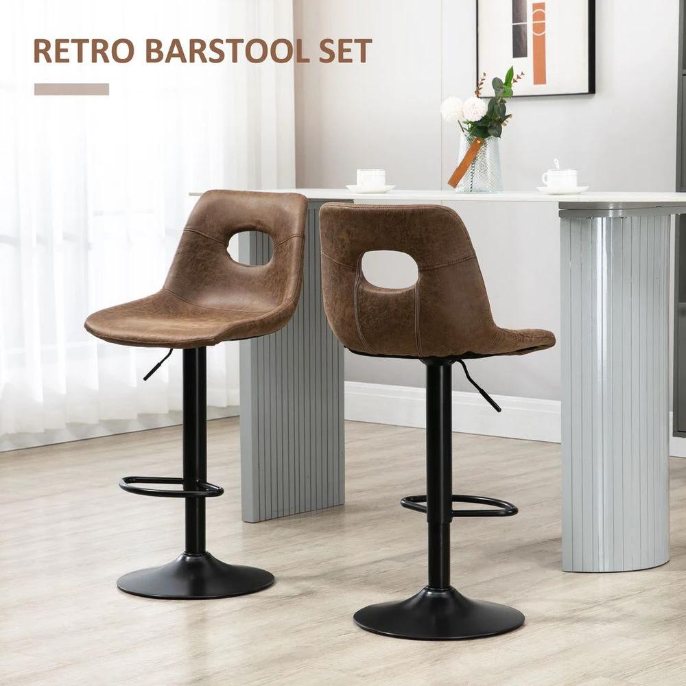 Retro Bar Stools Set of 2 Adjustable Height Swivel Leather-Like Brown by HOMCOM