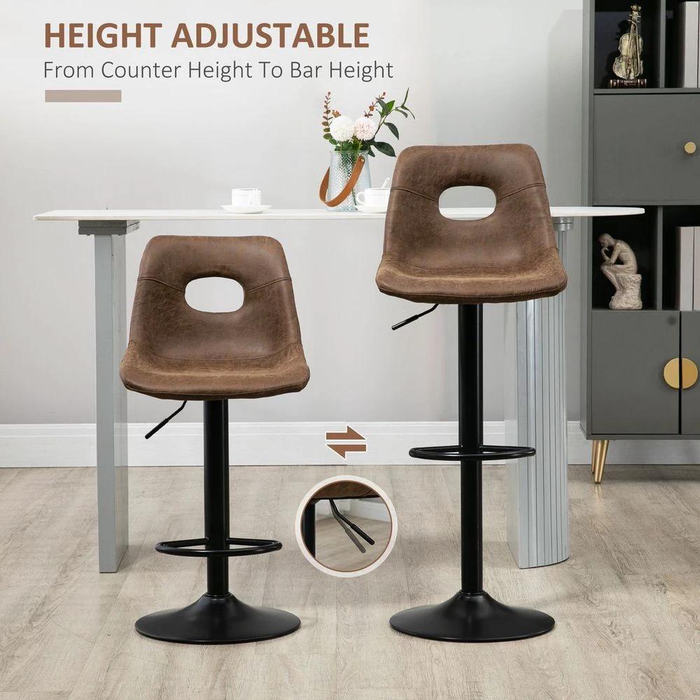 Retro Bar Stools Set of 2 Adjustable Height Swivel Leather-Like Brown by HOMCOM