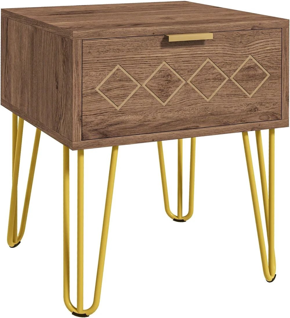 HOMCOM Bedside Table with Drawer, Gold Metal Legs for Living Room Bedroom - Nightstands Bedside Table
