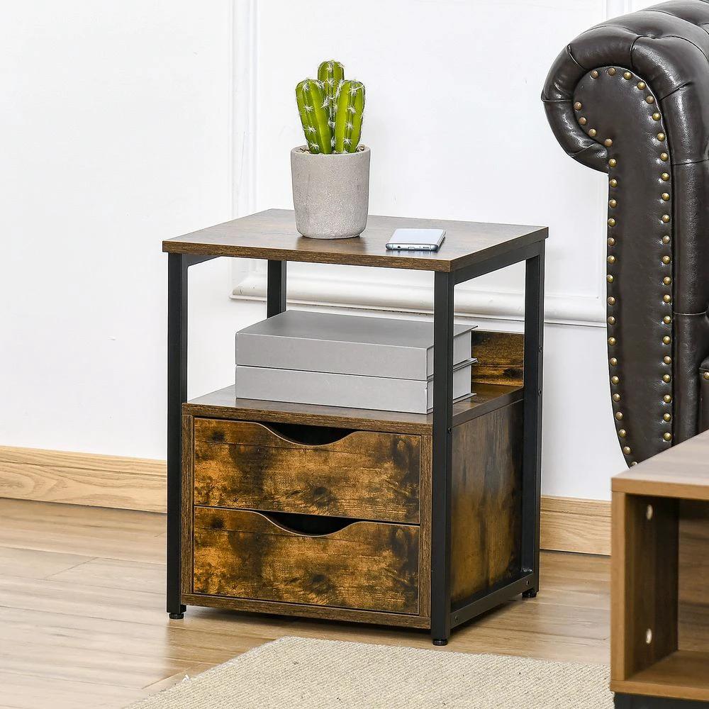 End Table Bedside Desk Slim Storage Cabinet with Shelf Rustic Brown by HOMCOM