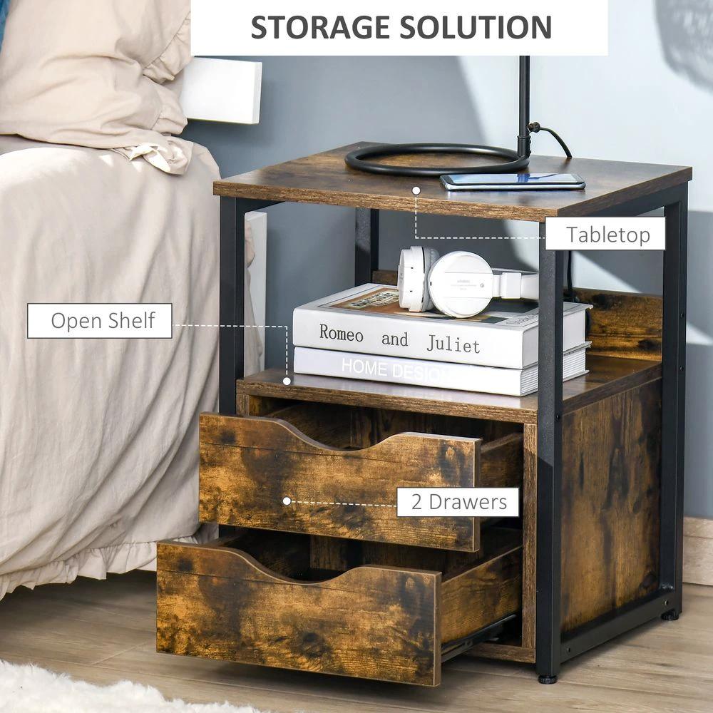 End Table Bedside Desk Slim Storage Cabinet with Shelf Rustic Brown by HOMCOM