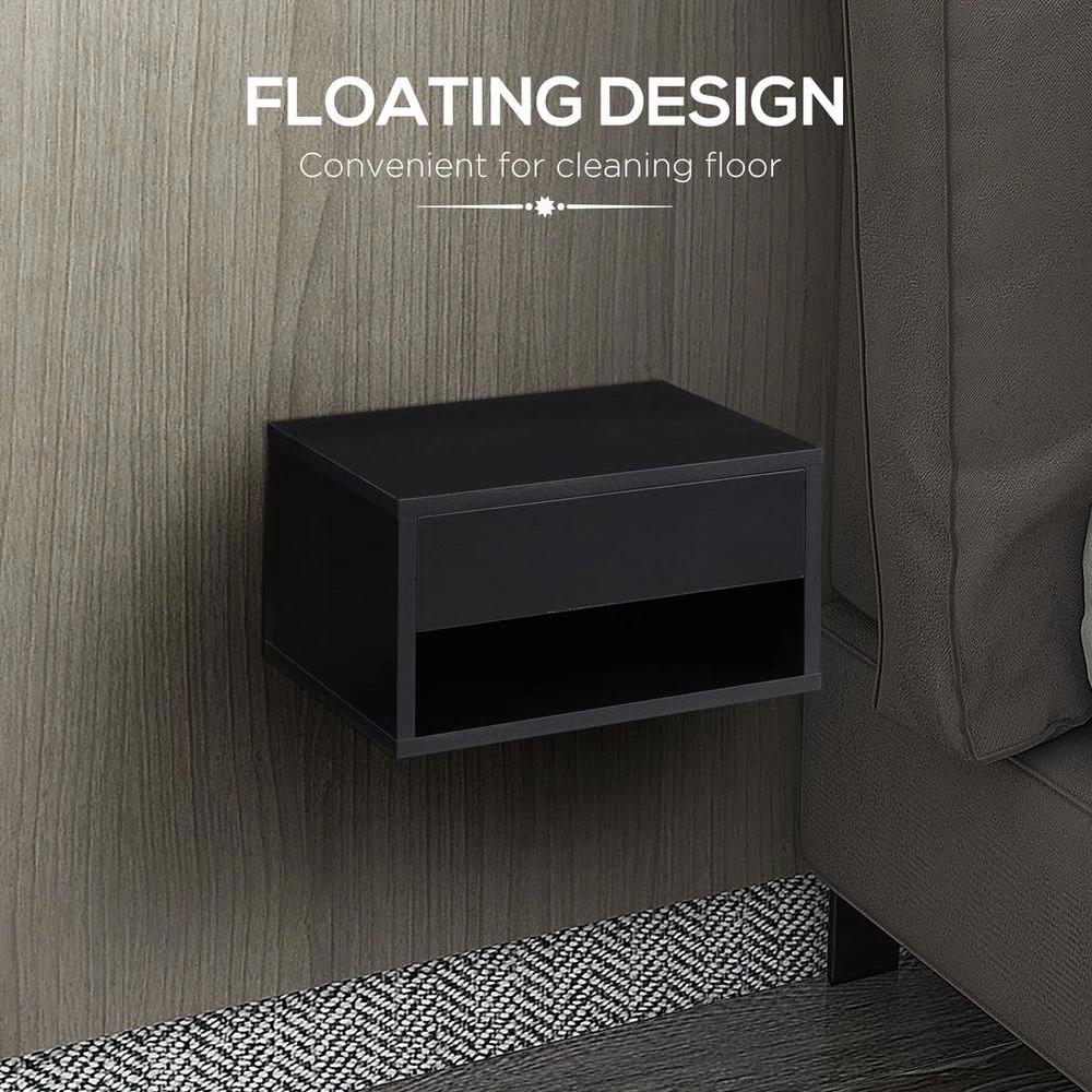 Floating Bedside Table Set of 2 Wall Mounted Nightstand W/ Drawer Black by HOMCOM
