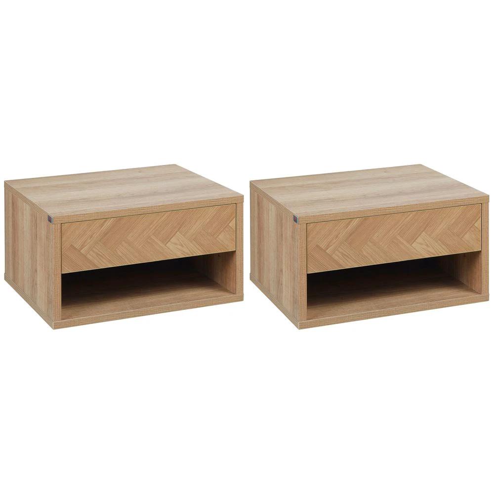 HOMCOM Floating Bedside Table Set of 2 Wall Mounted Nightstand W/ Drawer Natural - Nightstands Bedside Table