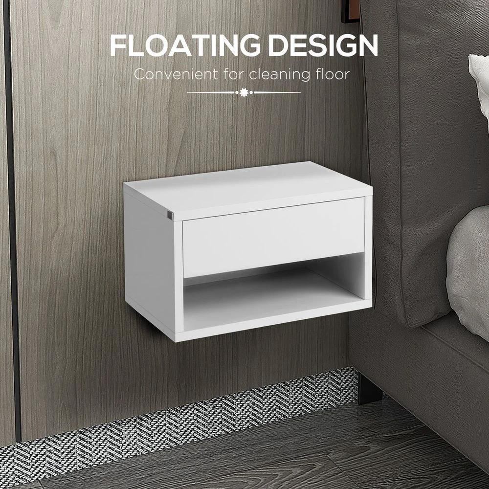 HOMCOM Floating Bedside Table Set of 2 Wall Mounted Nightstand W/ Drawer White - Nightstands Bedside Table