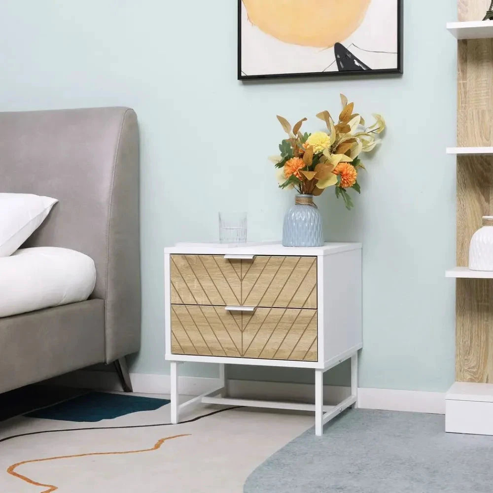 Modern Bedside Table with 2 Drawers, Sofa Side Table for Bedroom, White and Oak by HOMCOM