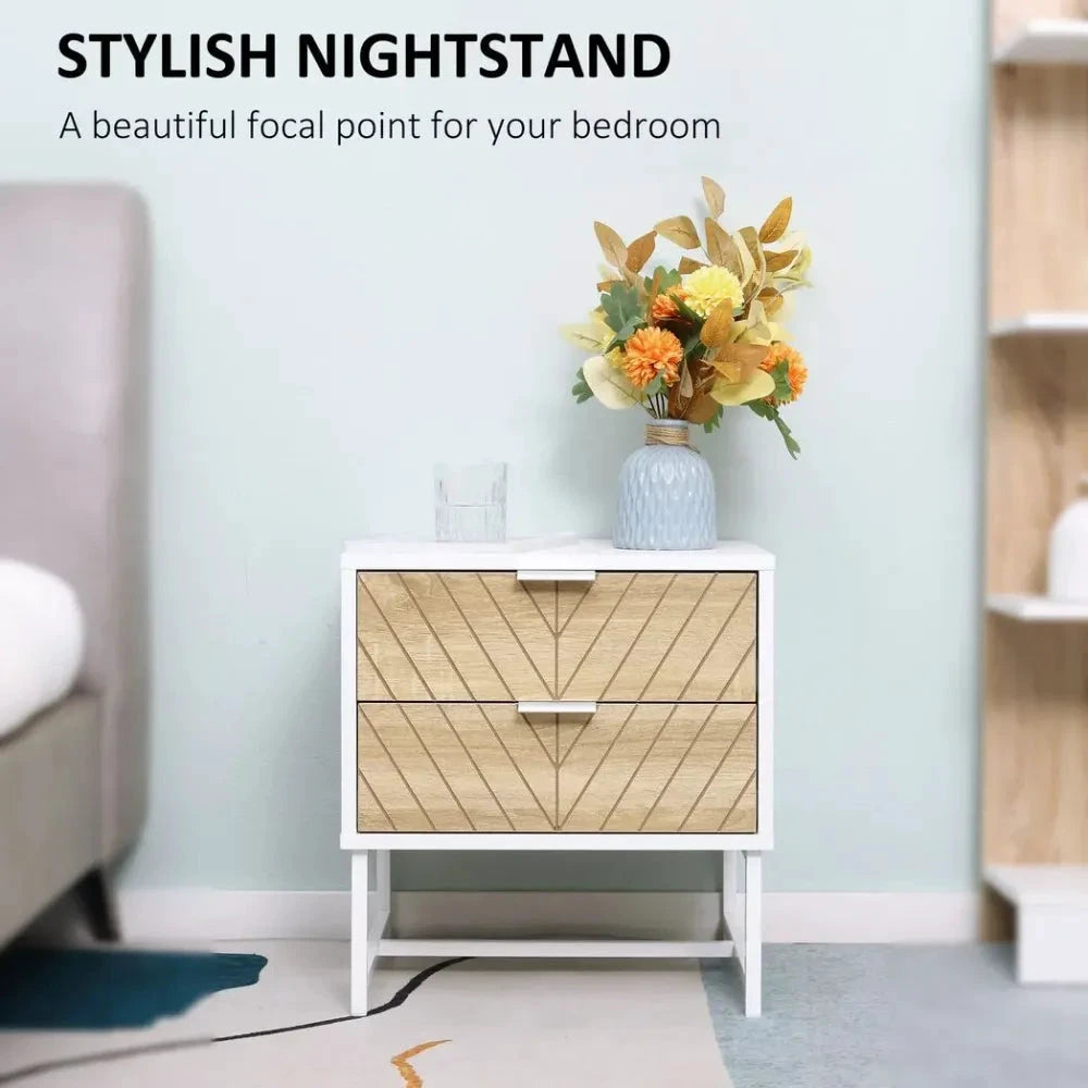 Modern Bedside Table with 2 Drawers, Sofa Side Table for Bedroom, White and Oak by HOMCOM