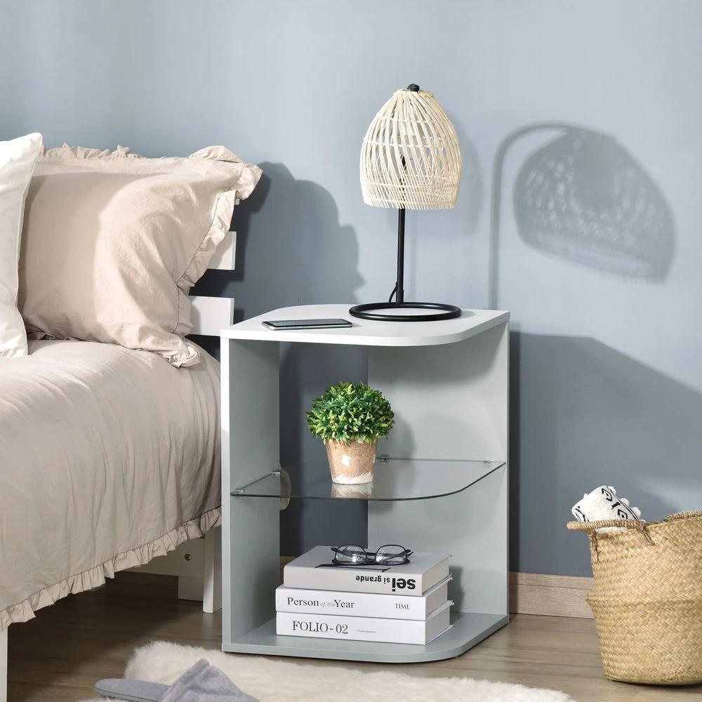 Modern Side Table Three Layer Bedside Table w/ Storage Shelves, Grey by HOMCOM
