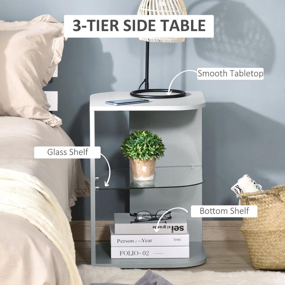 Modern Side Table Three Layer Bedside Table w/ Storage Shelves, Grey by HOMCOM