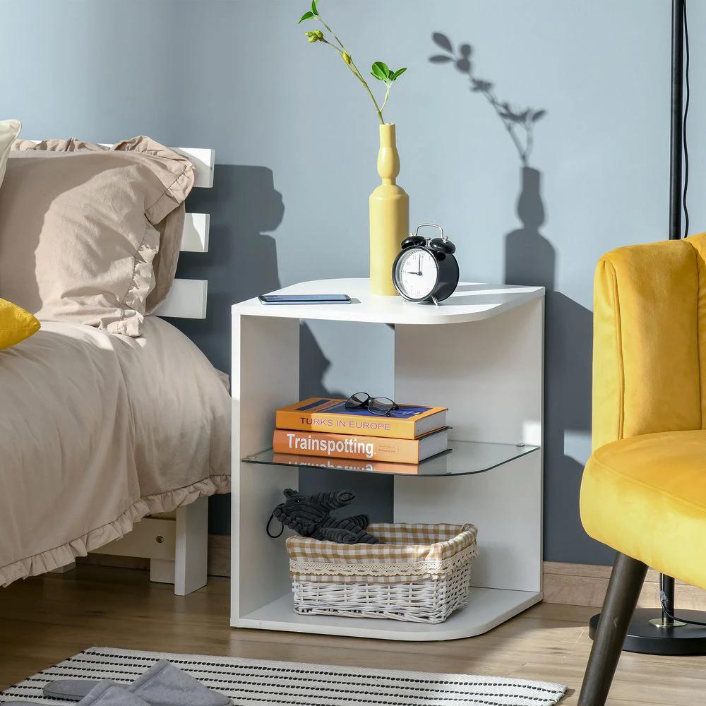 Modern Side Table Three Layer Bedside Table w/ Storage Shelves, White by HOMCOM