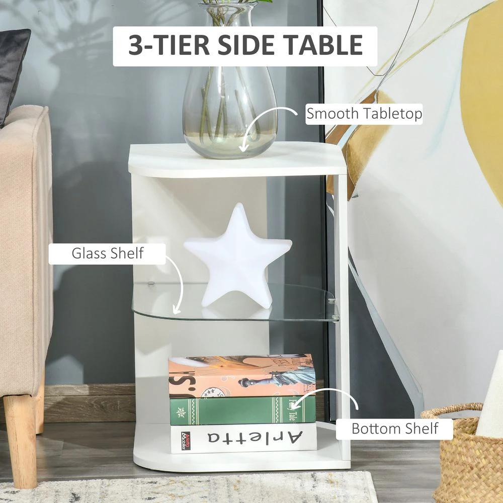 Modern Side Table Three Layer Bedside Table w/ Storage Shelves, White by HOMCOM
