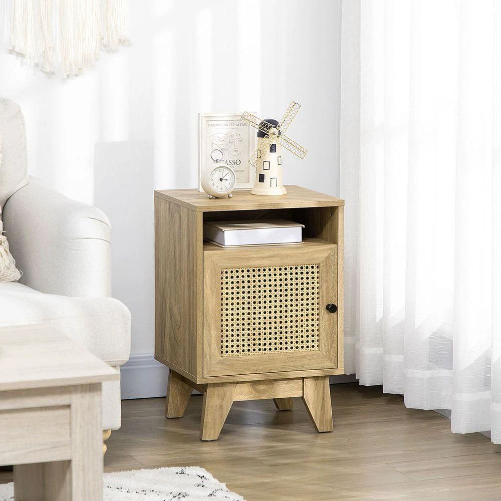 Nightstand, Bedside Table with Drawer and Shelf, End Table with Rattan Element by HOMCOM