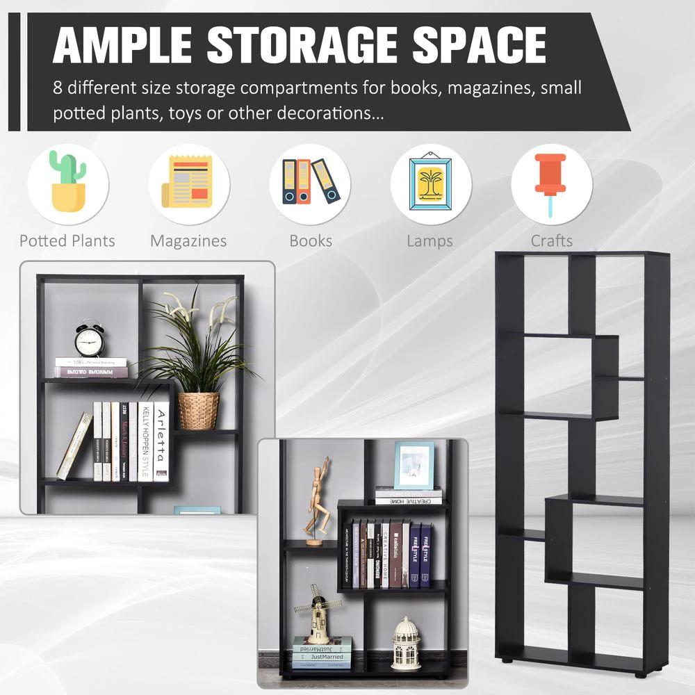 178cm 8-Shelf Bookcase w/ Melamine Surface Foot Pads Black Multipurpose 8-Grid Homcom by HOMCOM