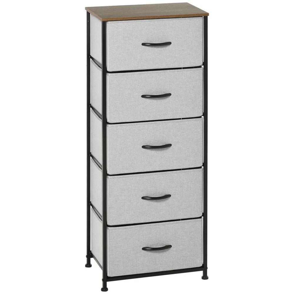 HOMCOM 5 Drawer Fabric Chest of Drawers w/ Wooden Top for Closet Hallway Grey - Uncategorized Chest of Drawers