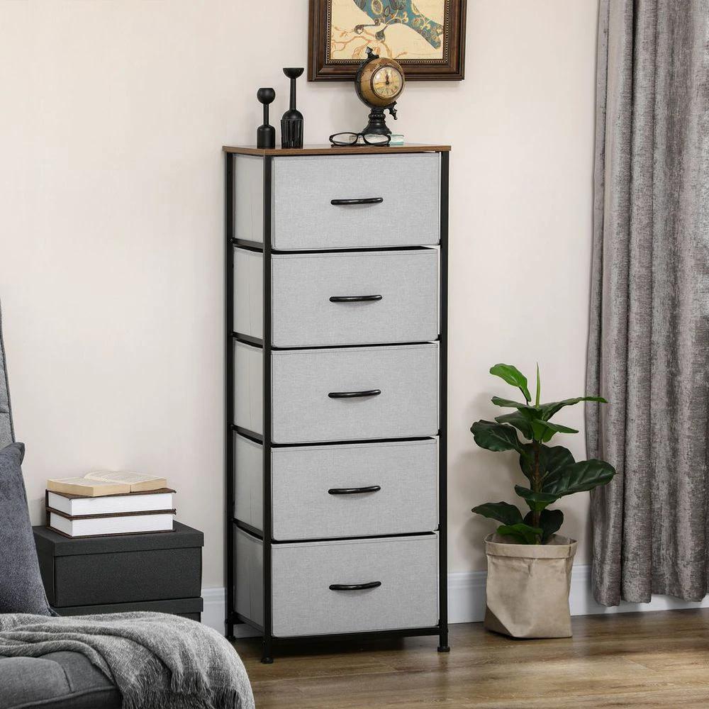 HOMCOM 5 Drawer Fabric Chest of Drawers w/ Wooden Top for Closet Hallway Grey - Uncategorized Chest of Drawers