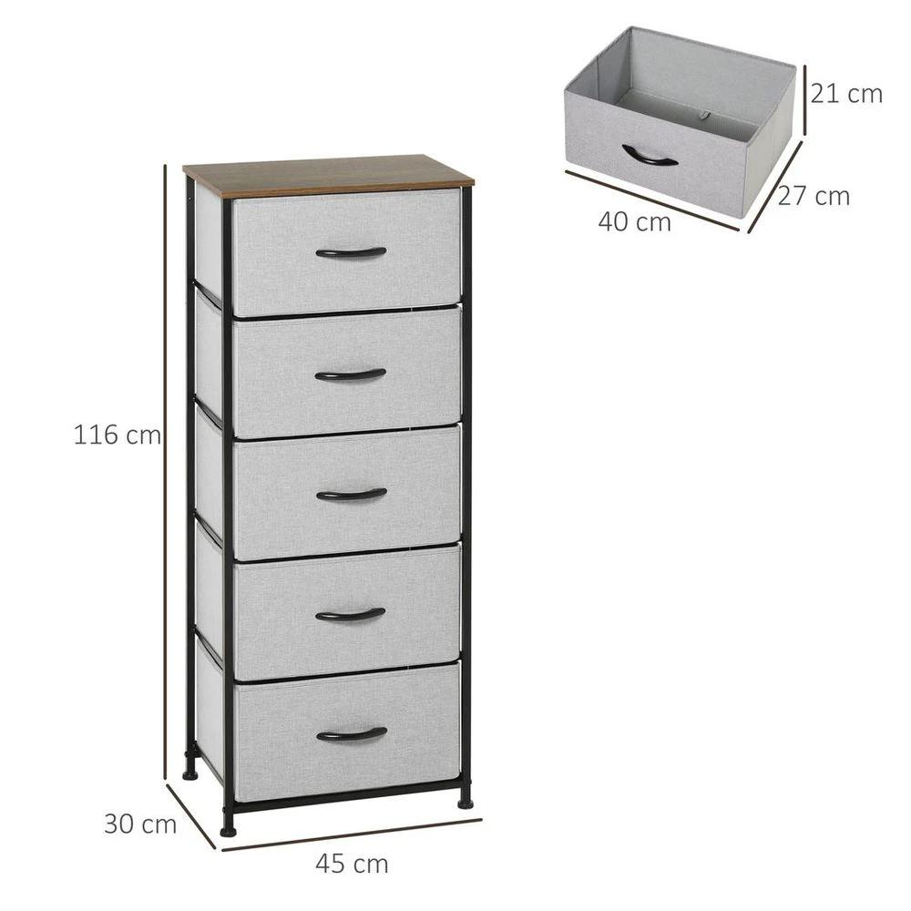 HOMCOM 5 Drawer Fabric Chest of Drawers w/ Wooden Top for Closet Hallway Grey - Uncategorized Chest of Drawers