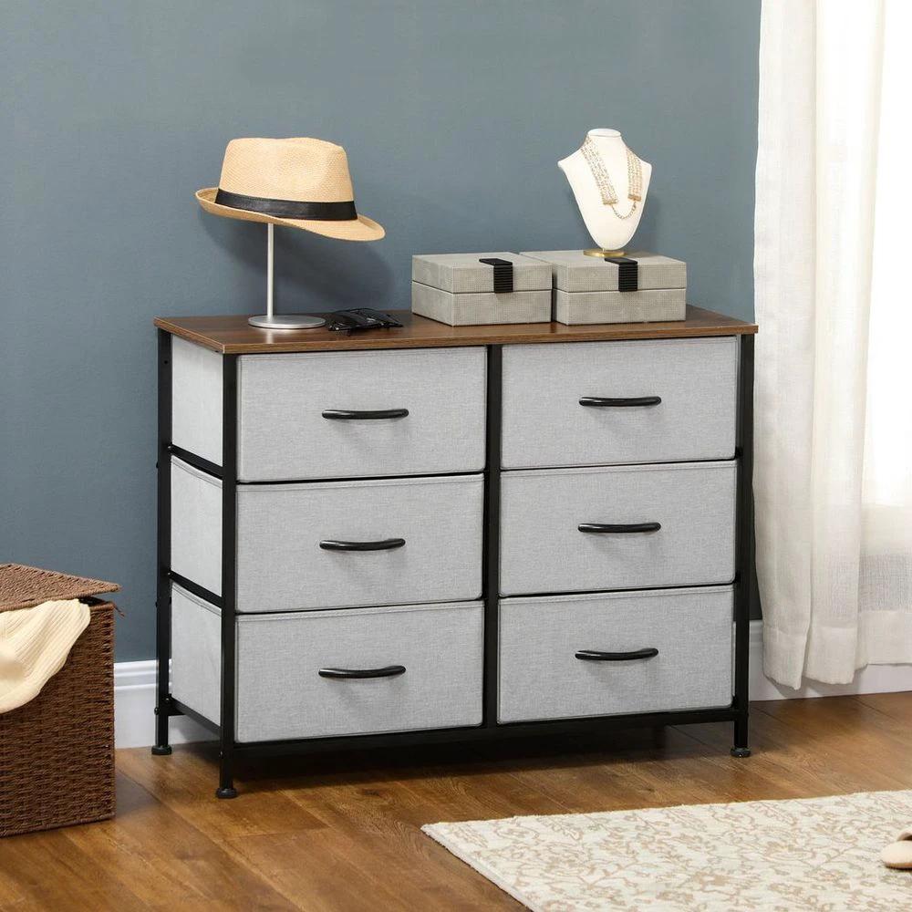 HOMCOM 6 Drawer Fabric Chest of Drawers w/ Wooden Top for Closet Hallway Grey - Uncategorized Chest of Drawers