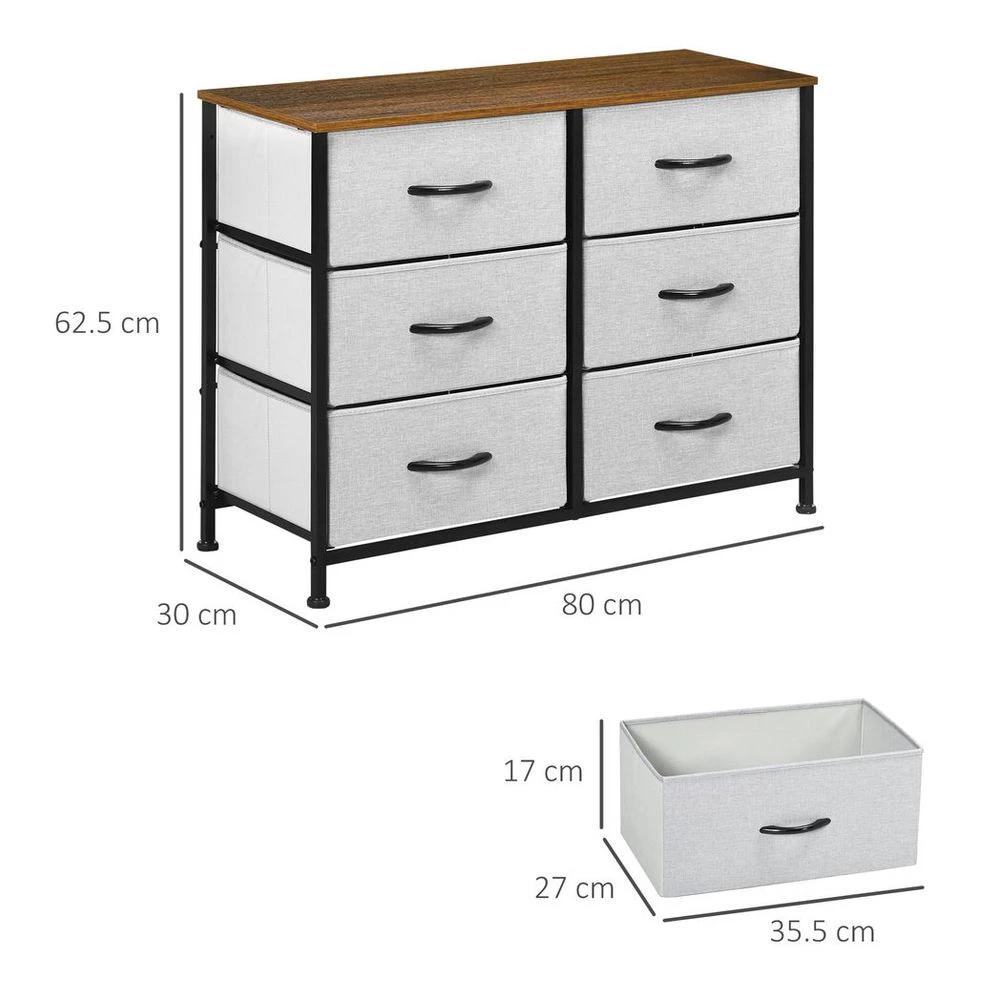 HOMCOM 6 Drawer Fabric Chest of Drawers w/ Wooden Top for Closet Hallway Grey - Uncategorized Chest of Drawers