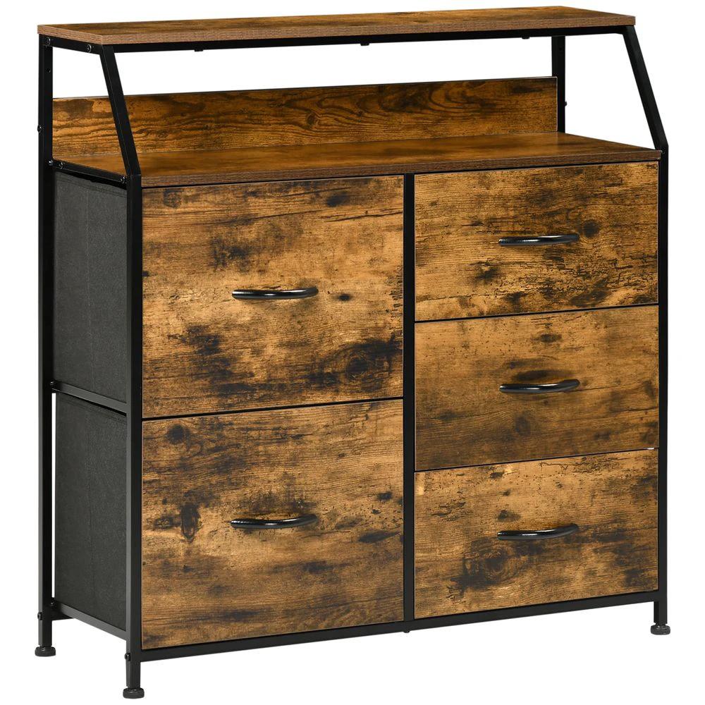 HOMCOM Bedroom Chest of Drawers with 5 Fabric Drawers, Open Shelf, Rustic Brown Homcom - Chest of Drawers