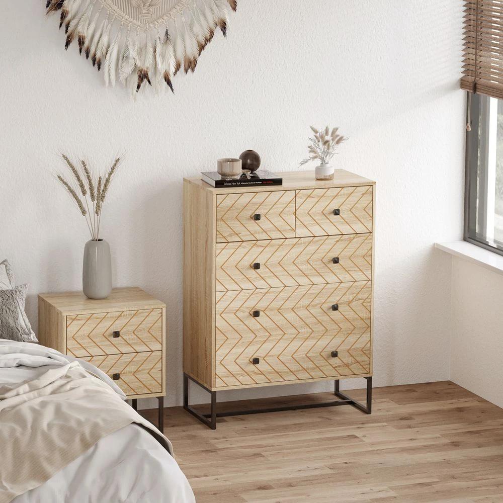 HOMCOM Chest Of 5 Drawers Storage Unit Zig Zag Design w/ Black Metal Handles - Chest of Drawers
