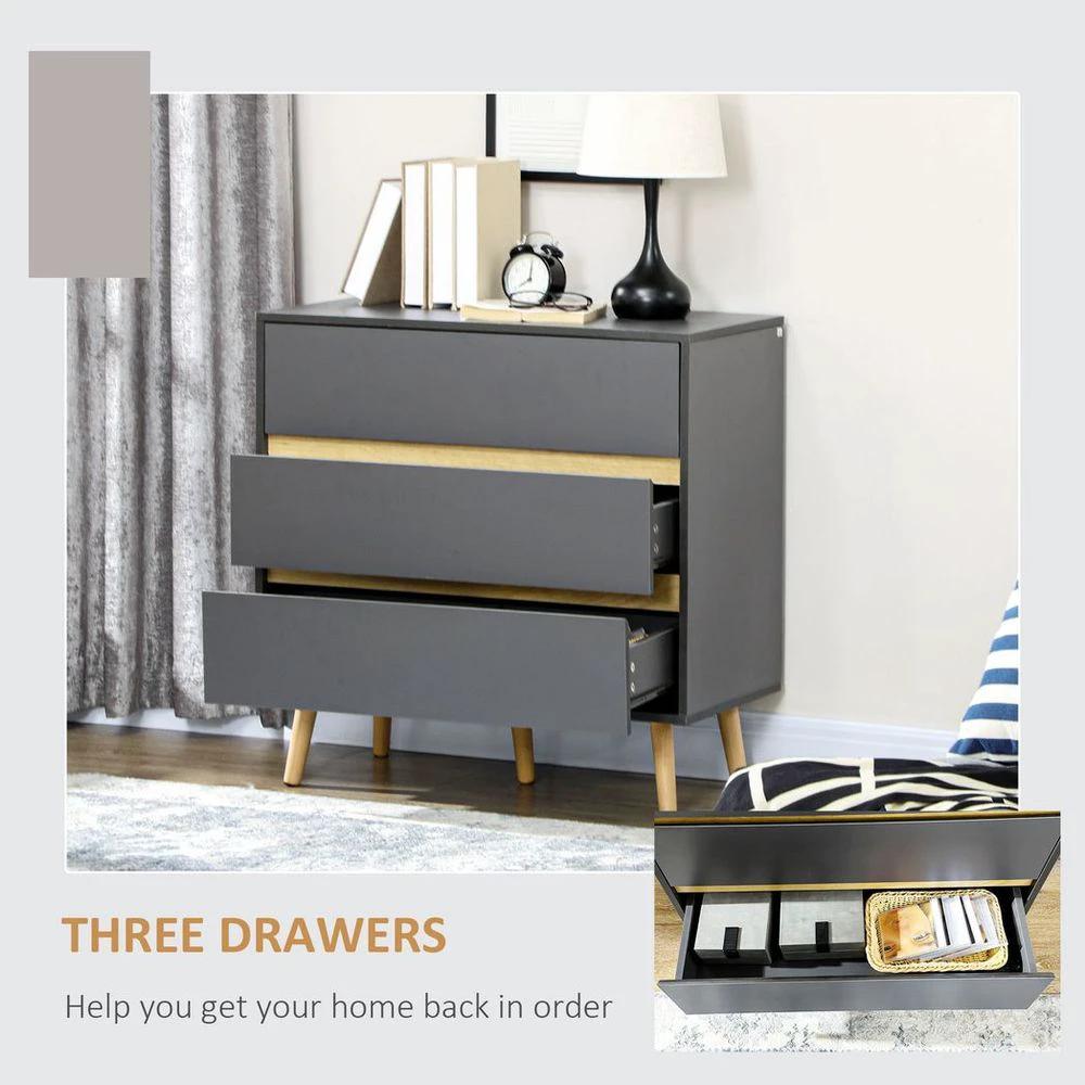 HOMCOM Chest of Drawers, 3 Drawer Storage Cabinet Organiser Bedroom Dark Grey - Uncategorized Chest of Drawers