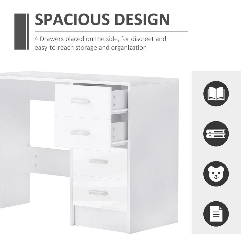 HOMCOM High Gloss 4 Drawers Table Vanity Dressing Drawer Computer PC Study White - Chest of Drawers