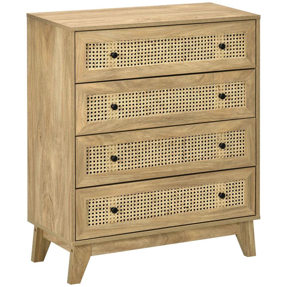 HOMCOM Rattan Chest of Drawers 4-Drawer Dresser Storage Cabinet Bedroom, Wood Effect - Uncategorized Chest of Drawers