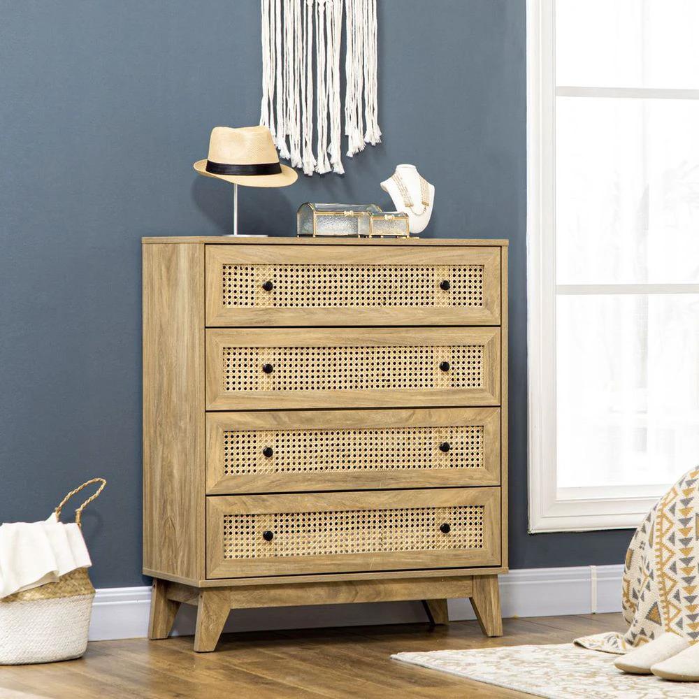 HOMCOM Rattan Chest of Drawers 4-Drawer Dresser Storage Cabinet Bedroom, Wood Effect - Uncategorized Chest of Drawers