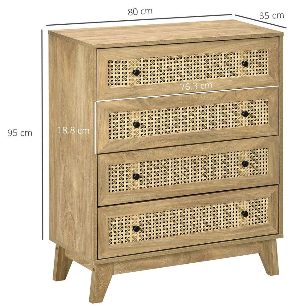HOMCOM Rattan Chest of Drawers 4-Drawer Dresser Storage Cabinet Bedroom, Wood Effect - Uncategorized Chest of Drawers