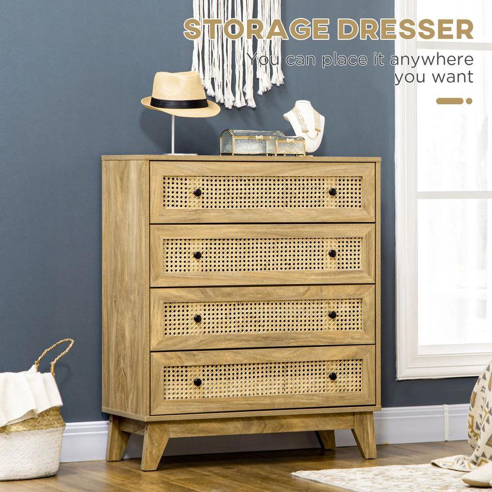 HOMCOM Rattan Chest of Drawers 4-Drawer Dresser Storage Cabinet Bedroom, Wood Effect - Uncategorized Chest of Drawers