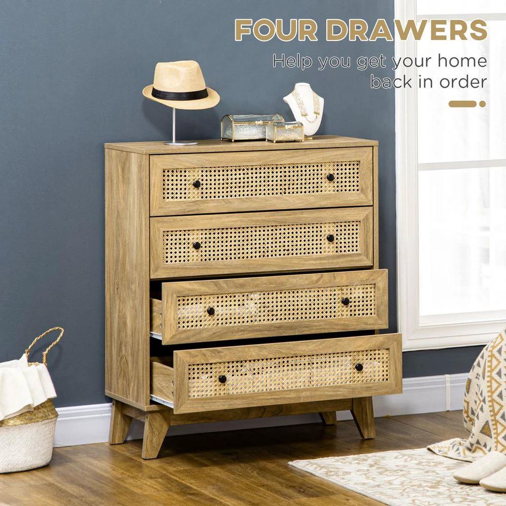 HOMCOM Rattan Chest of Drawers 4-Drawer Dresser Storage Cabinet Bedroom, Wood Effect - Uncategorized Chest of Drawers
