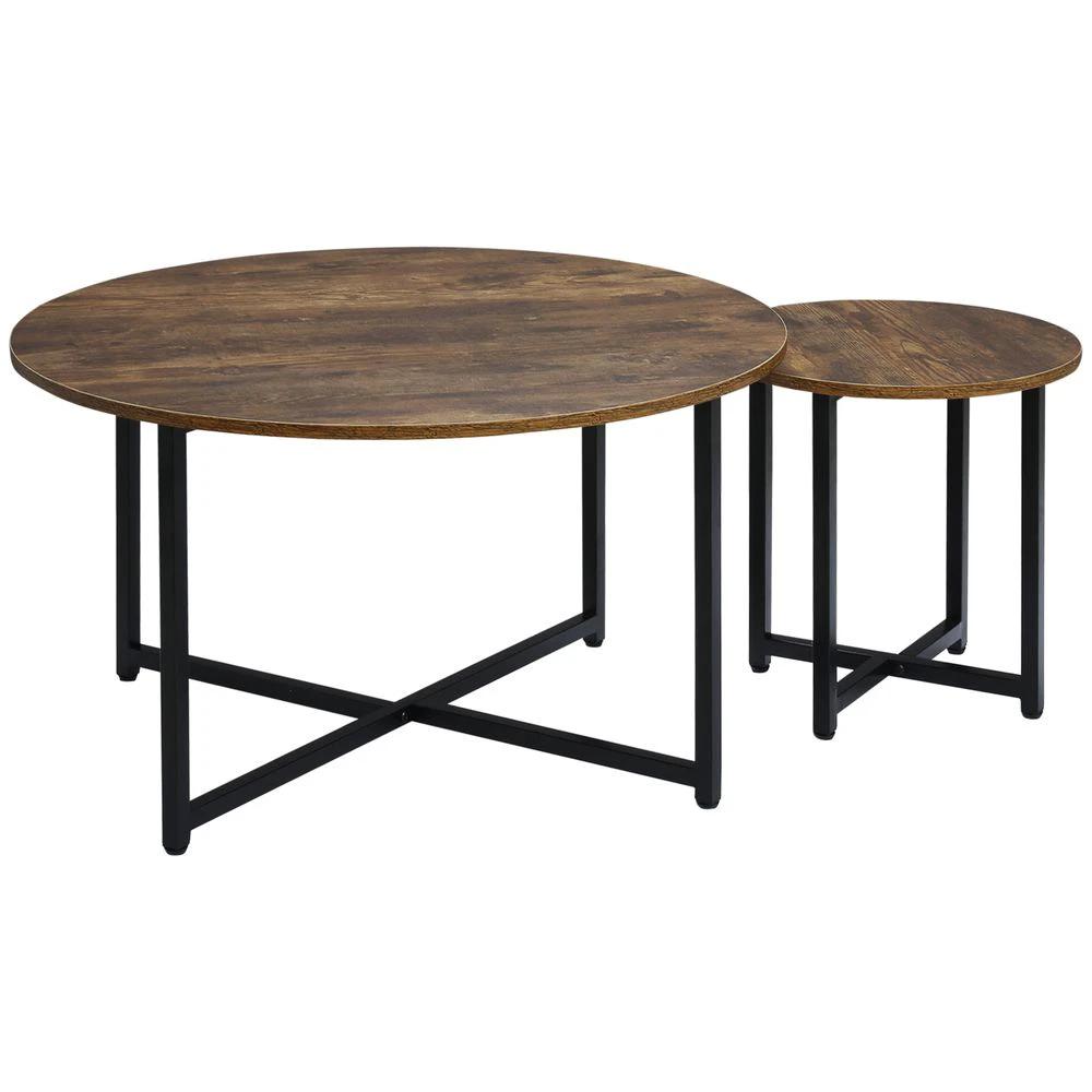 HOMCOM 2 Pcs Homcom Round Coffee Table with Metal Frame Side Accent Tables Brown - Coffee Tables Coffee Table