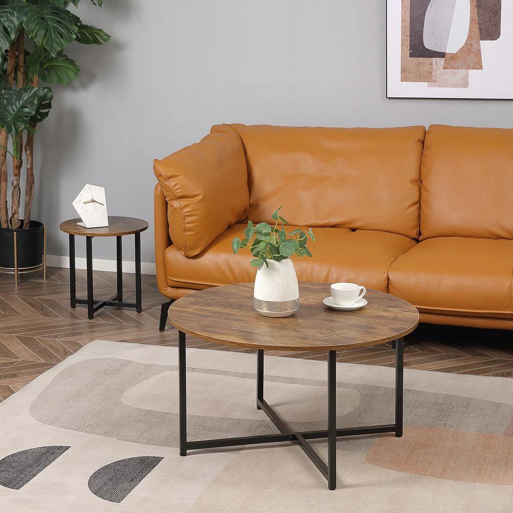 HOMCOM 2 Pcs Homcom Round Coffee Table with Metal Frame Side Accent Tables Brown - Coffee Tables Coffee Table