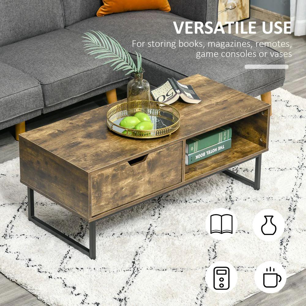 Coffee Table Wood Finish Metal Frame Sofa Table Drawer & Shelf Brown by HOMCOM