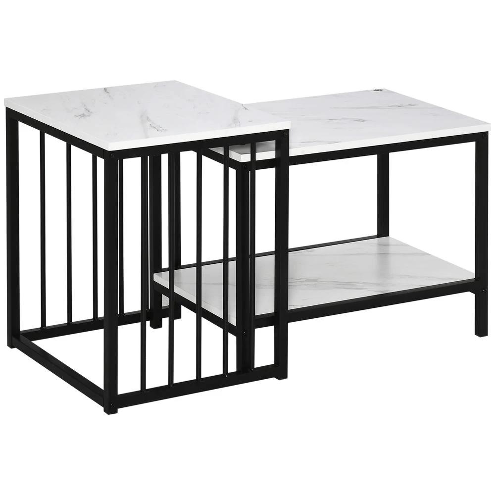 Modern Coffee Table Set of Two Steel Frame Marble-Effect White, Black by HOMCOM