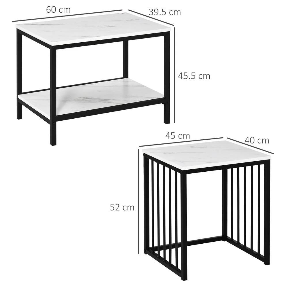 Modern Coffee Table Set of Two Steel Frame Marble-Effect White, Black by HOMCOM