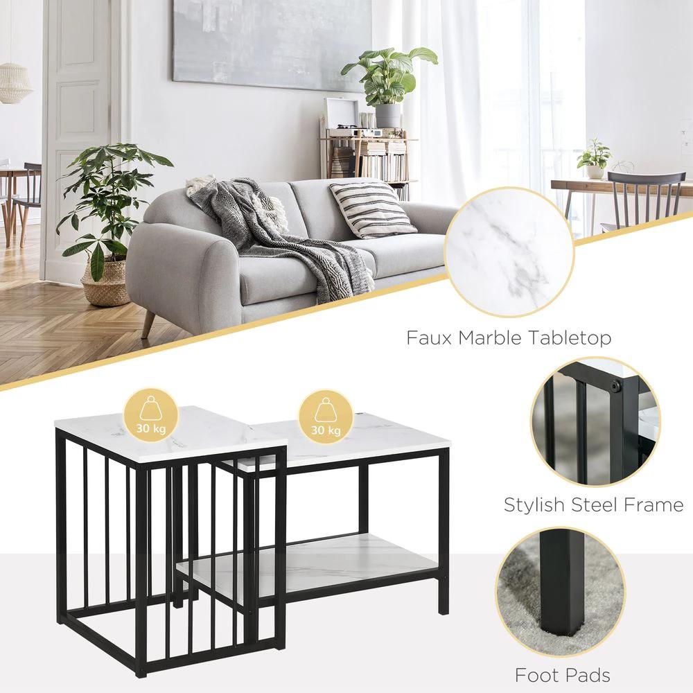 Modern Coffee Table Set of Two Steel Frame Marble-Effect White, Black by HOMCOM