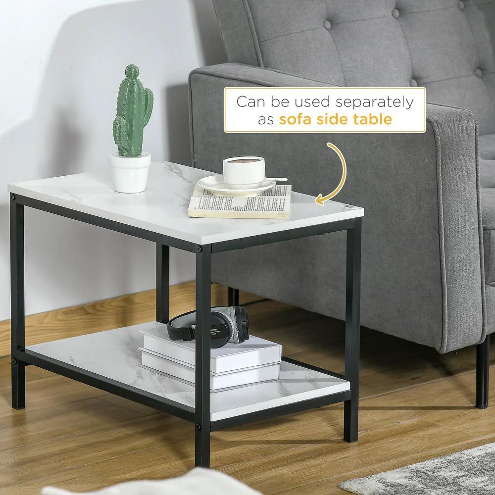 Modern Coffee Table Set of Two Steel Frame Marble-Effect White, Black by HOMCOM
