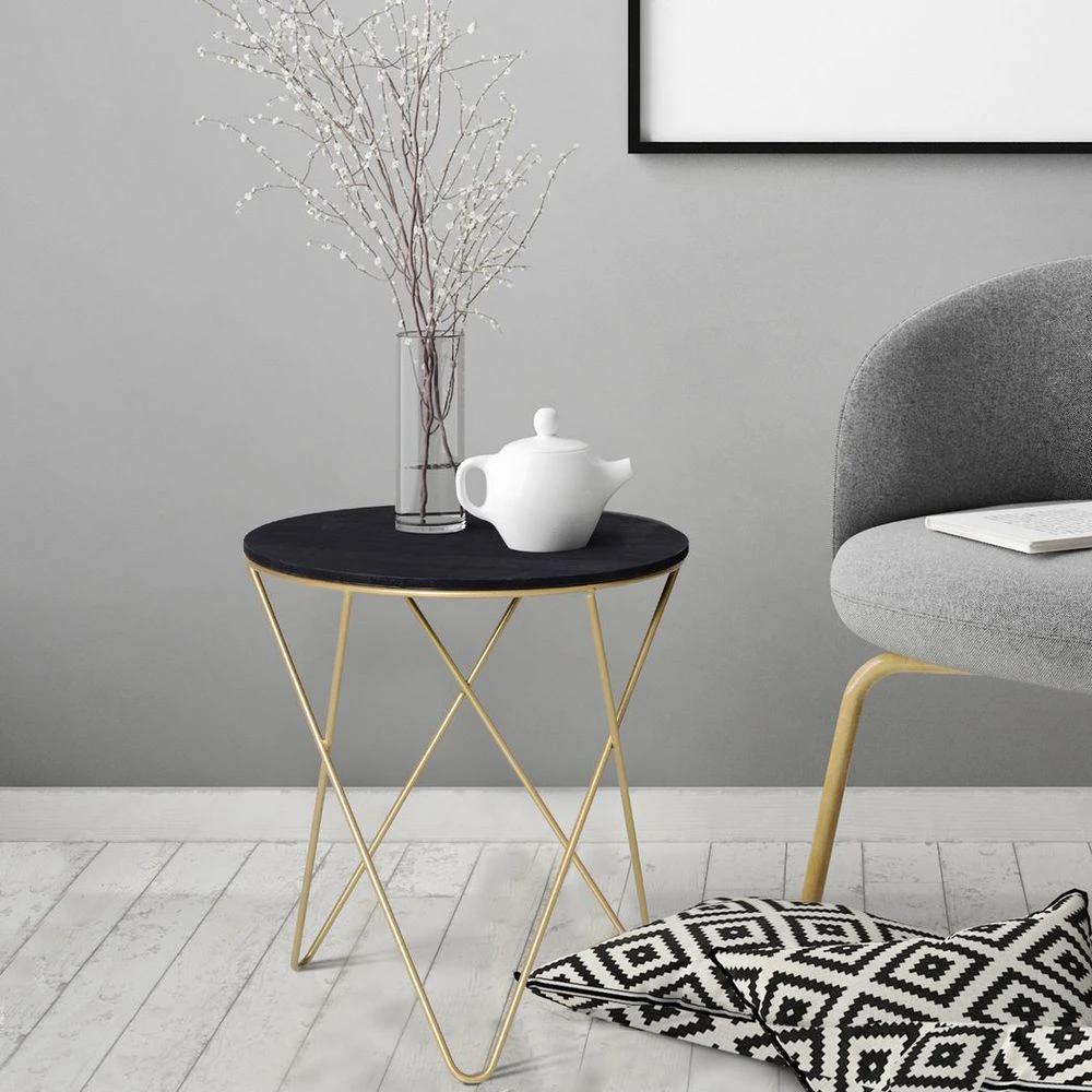 Round Coffee Table Sofa End Side Wood Metal Bedside Table - Black Gold by HOMCOM