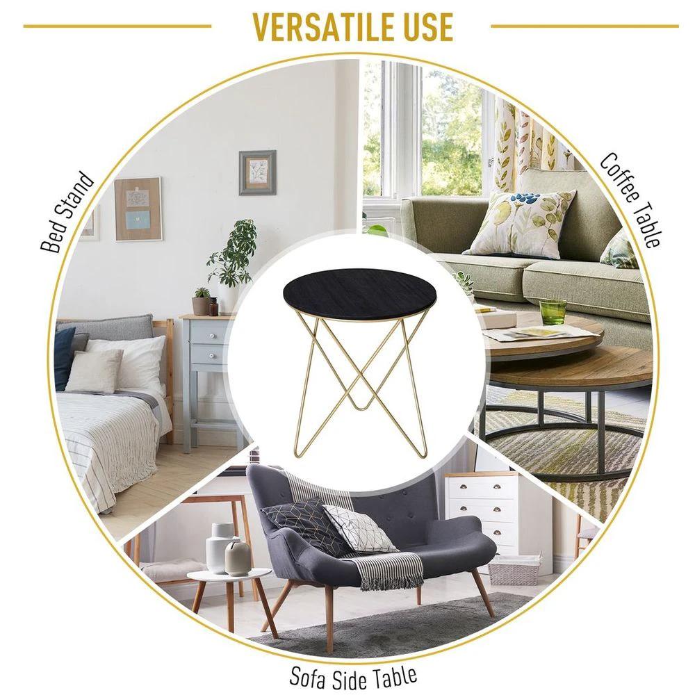 HOMCOM Round Coffee Table Sofa End Side Wood Metal Bedside Table - Black Gold - Coffee Tables Coffee Table
