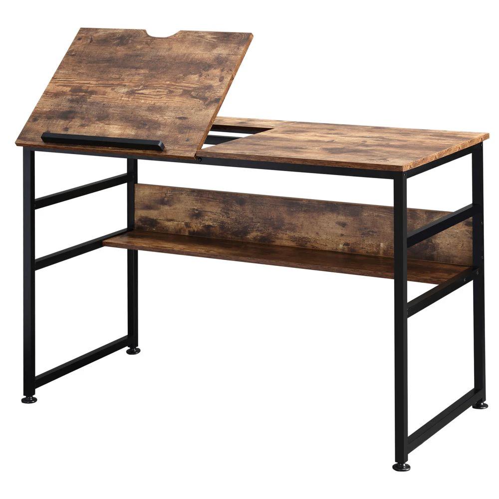 HOMCOM Tiltable Drafting Table Home Office Computer Desk Shelf, Rustic Brown - Desks Desk