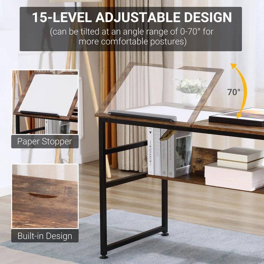 HOMCOM Tiltable Drafting Table Home Office Computer Desk Shelf, Rustic Brown - Desks Desk