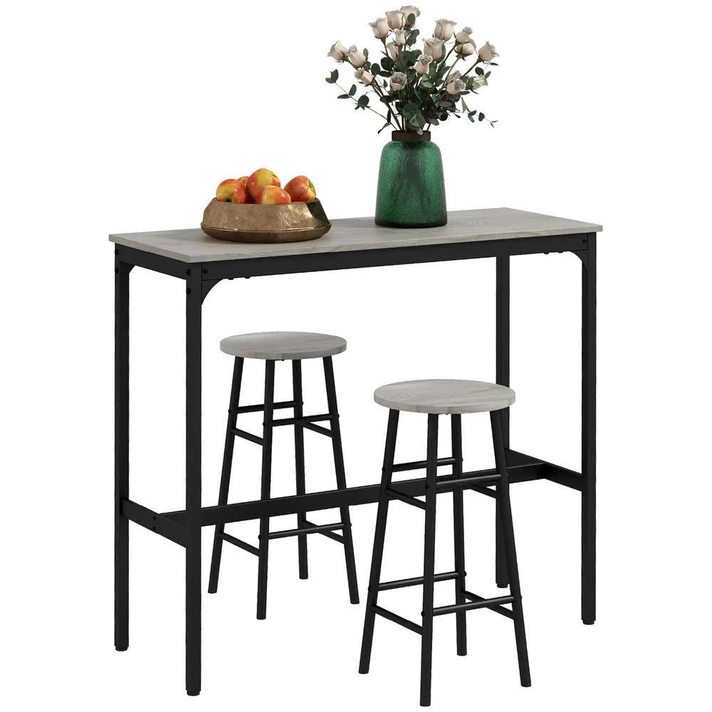 3 Piece Bar Set, Industrial Kitchen and Chair Set for Small Space, Grey Homcom by HOMCOM