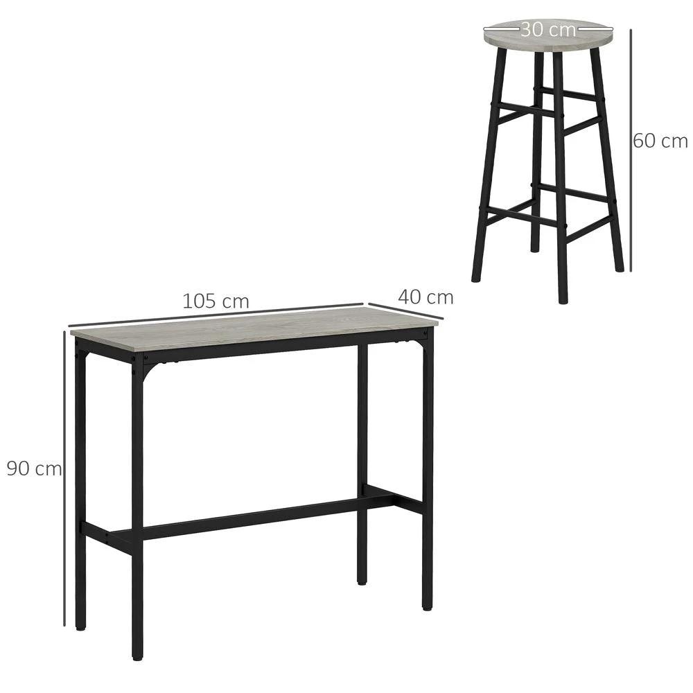 3 Piece Bar Set, Industrial Kitchen and Chair Set for Small Space, Grey Homcom by HOMCOM