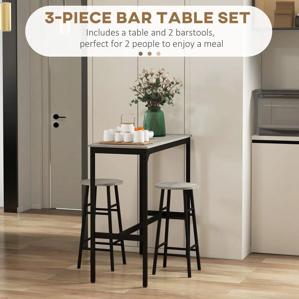 3 Piece Bar Set, Industrial Kitchen and Chair Set for Small Space, Grey Homcom by HOMCOM