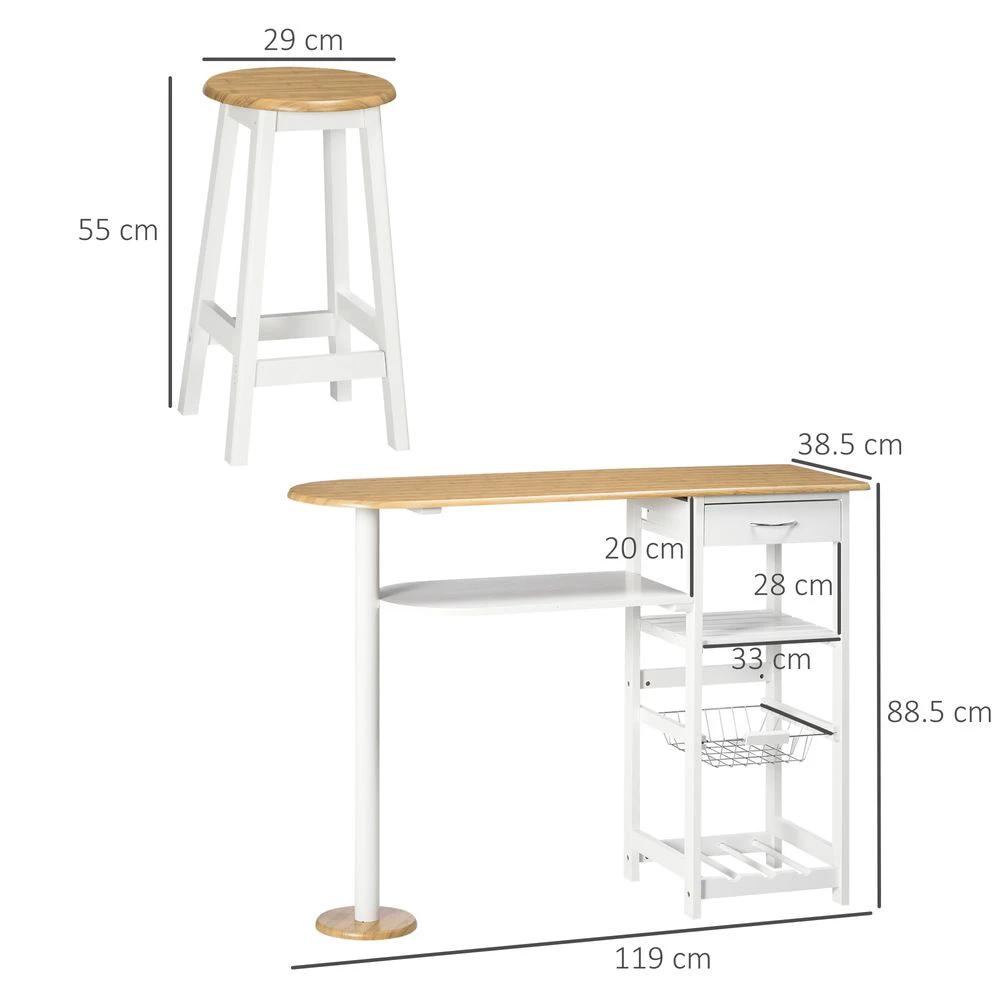 3 Piece Homcom Bar Table Set, Breakfast and Stools Wine Rack Natural White by HOMCOM